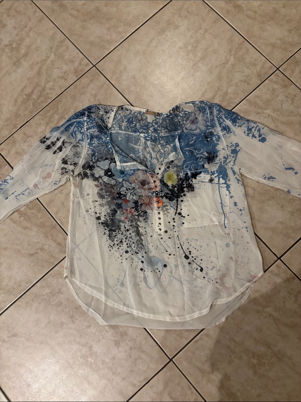 White Floral Watercolor Print Blouse - Women